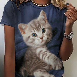 Women's Funny Cat Loose Simple Color Block Crew Neck T-Shirt, T-shirts, Lilicloth.com