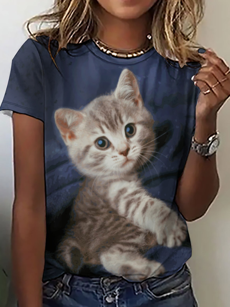 Women's Funny Cat Loose Simple Color Block Crew Neck T-Shirt, T-shirts, Lilicloth.com