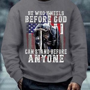 Men He Who Kneels Before God Can Stand Before Anyone Text Letters Sweatshirt, Hoodies&Sweatshirts, Lilicloth.com