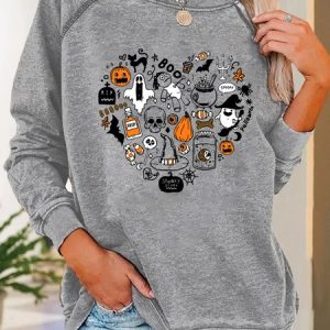 Women Doodles Halloween Witch Heart Loose Crew Neck Halloween Sweatshirts, Hoodies&Sweatshirts, Lilicloth.com