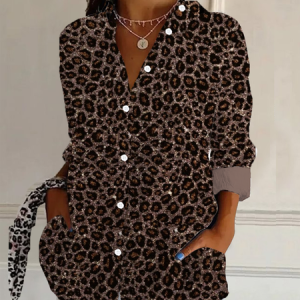 Women's Long Sleeve Shirt Spring/Fall Leopard Shirt Collar Daily Going Out Casual Top, JustFashionNow Shirts, color:Brown|size:XXL,