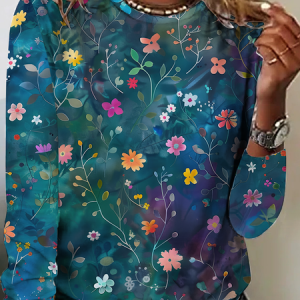 Women's Art Floral Print Casual T-Shirt, Long sleeves, Lilicloth.com