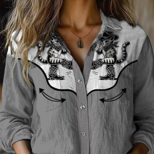 Women's Long Sleeve Shirt Spring/Fall Color Block Shirt Collar Holiday Going Out Casual Top, JustFashionNow Shirts, color:Gray|size:XXL,