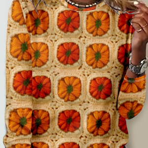 Women's Pumpkin Knitted Print Casual 3D Printing Long Sleeve Shirt, Long sleeves, Lilicloth.com