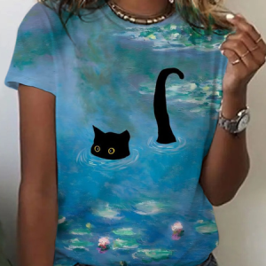 Women's Lotus Black Cat Print 3D Printing Casual T-shirt, T-shirts, Lilicloth.com