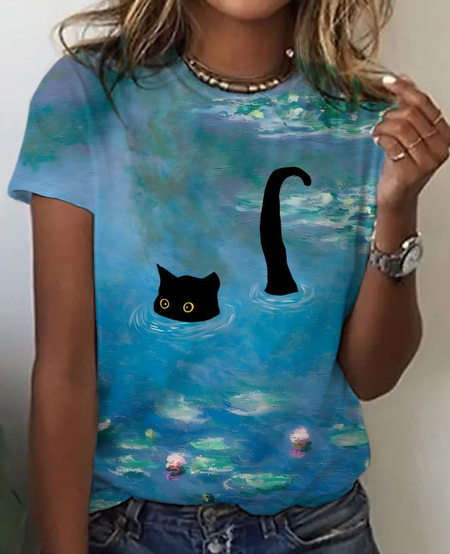 Women's Lotus Black Cat Print 3D Printing Casual T-shirt, T-shirts, Lilicloth.com