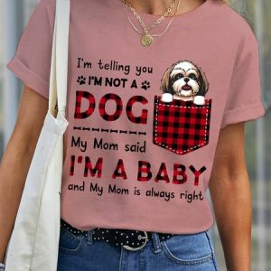 Women's Lover I'm A Baby Best Dog Mom Crew Neck Simple Loose Plaid T-Shirt, T-shirts, Lilicloth.com
