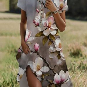Women Floral Crew Neck Short Sleeve Comfy Casual Midi Dress, Dresses, color:Gray|size:XXL, catalog Noracora shop