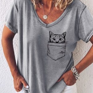 Women's Cat Print Casual T-Shirt, T-shirts, Lilicloth.com