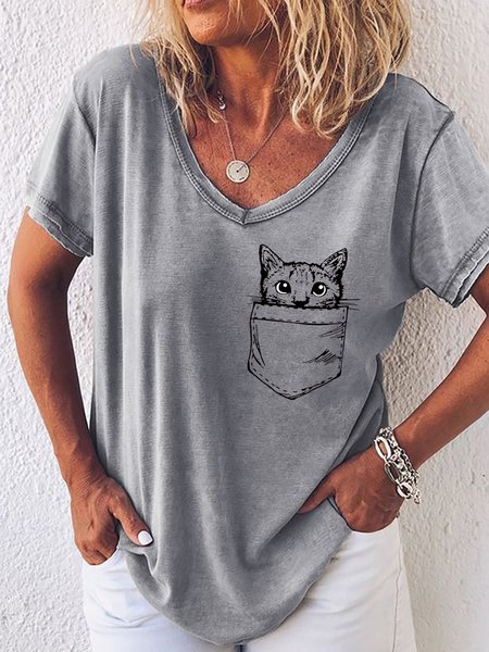 Women's Cat Print Casual T-Shirt, T-shirts, Lilicloth.com