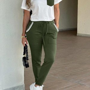 2 Pieces Colorblock Striped Print Short Sleeve Top and Casual Pocket Design Drawstring Pants Set, women Two-piece Sets, ChicMe catalog