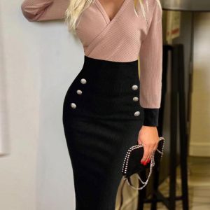 Colorblock V-Neck Button Decor Work Dress, women Work Dresses, ChicMe catalog