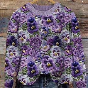 Violet flower art pullover knitted sweater, Cardigans, Lilicloth.com