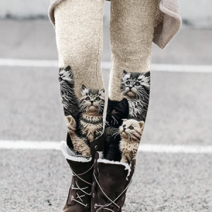 Women's Casual Cat Jersey All Season Long Leggings, JustFashionNow Leggings, color:Khaki|size:XXL,