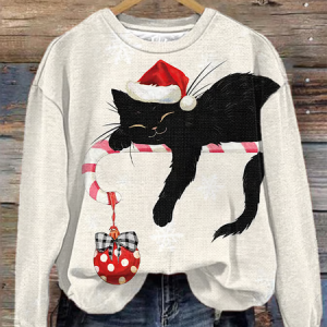 Women's Black Cat Christmas Art Print Sweatshirt, Hoodies&Sweatshirts, Lilicloth.com