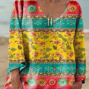 Women's Patchwork Floral Art Print Casual V Neck Long Sleeve Comfortable Cotton T-Shirt, Long sleeves, Lilicloth.com