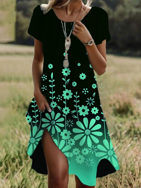 Women's Short Sleeve Summer Floral Dress Crew Neck Daily Going Out Casual Midi H-Line T-Shirt Dress, JustFashionNow Dresses, color:Lake Blue|size:XXL,