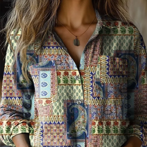 Women's Patchwork Art Print Casual Long Sleeve Comfortable Cotton Shirt, Blouses, Lilicloth.com