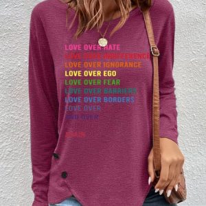 Women's Valentines Day Love Over Hate Casual Crew Neck Top, Long sleeves, Lilicloth.com