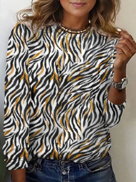 Zebra Print Long Sleeve Crew Neck T-shirt, Long sleeves, Lilicloth.com