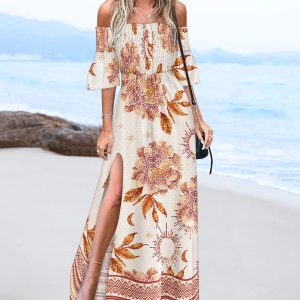 Tribal Print Off Shoulder Shirred Maxi Dress Bell Sleeve Side Split Vacation Dress, women Maxi Dresses, ChicMe catalog