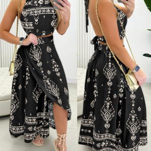 2 Piece Tropical Print Backless Halter Top Slit Skirt Set, women Two-piece Sets, ChicMe catalog