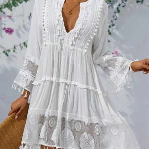 3/4 Sleeve Boho Weaving Dress, Short, color:White|size:XXL, catalog Noracora shop