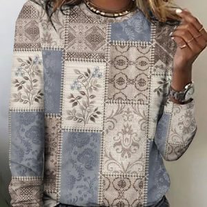 Retro floral geometric color block casual long sleeved T-shirt, Long sleeves, Lilicloth.com