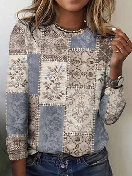 Retro floral geometric color block casual long sleeved T-shirt, Long sleeves, Lilicloth.com