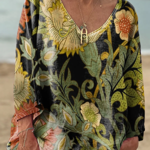 Women's Vintage Flowers and Plants Print Casual V-neck Long Sleeve Comfortable Cotton T-shirt, Long sleeves, Lilicloth.com