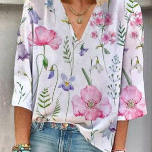 V Neck Three Quarter Sleeve Floral Regular Loose Blouse For Women, Blouses, color:White|size:XXL, catalog Noracora shop