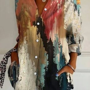 Shirt Collar Long Sleeve Abstract Regular Loose Shirt For Women, Shirts, color:Multicolor|size:XXL, catalog Noracora shop
