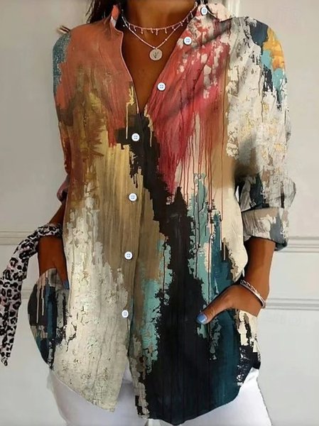 Women's Long Sleeve Shirt Spring/Fall Abstract Shirt Collar Daily Going Out Casual Top, JustFashionNow Shirts, color:Multicolor|size:XXL,