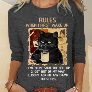 Women Black Cat Rules Cotton-Blend Simple Long  Sleeve Top, Long sleeves, Lilicloth.com