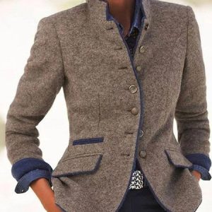 Women Spring/Fall Outerwear Vintage Plain Long Sleeve Mock Neck Jacket, Jackets, color:Coffee|size:3XL, catalog Noracora shop