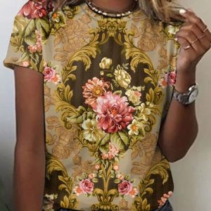 Vintage Floral Crew Neck Short Sleeve T-shirt, T-shirts, color:Brown|size:4XL, catalog Noracora shop