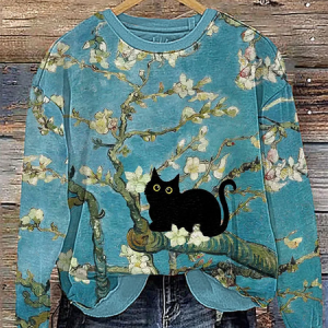 Almond Blossom Cat Art Painting Print Cotton Cozy Sweatshirt, Hoodies&Sweatshirts, Lilicloth.com