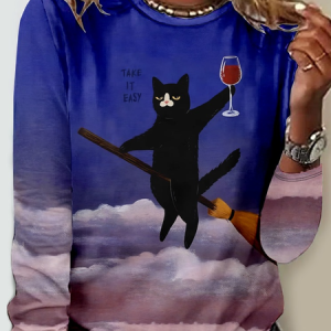 Cat Crew Neck Casual Long Sleeve Shirt, Long sleeves, Lilicloth.com
