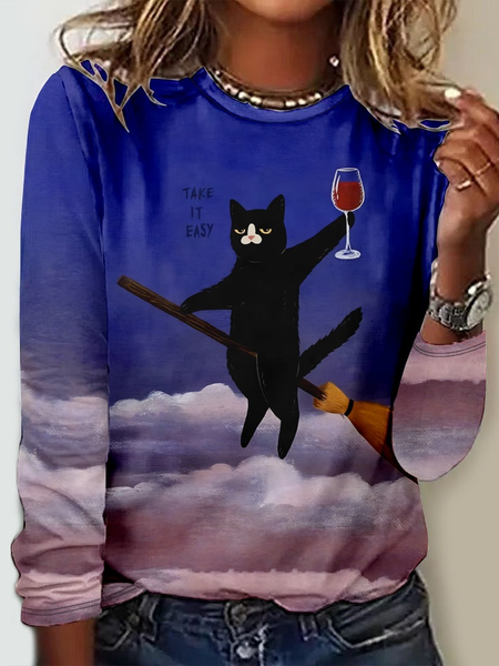 Cat Crew Neck Casual Long Sleeve Shirt, Long sleeves, Lilicloth.com
