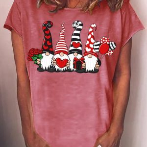 Women's Valentine Gnomes Crew Neck Casual Letters T-Shirt, T-shirts, Lilicloth.com