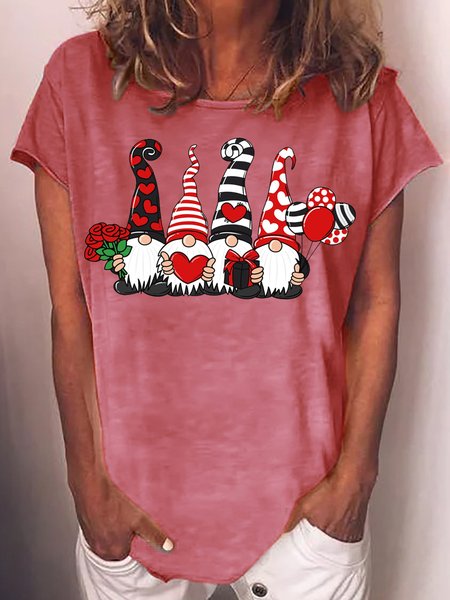 Women's Valentine Gnomes Crew Neck Casual Letters T-Shirt, T-shirts, Lilicloth.com