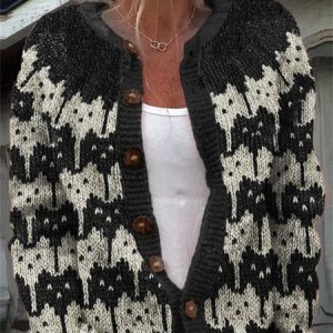 Retro abstract cat patchwork button knit sweater, Cardigans, Lilicloth.com