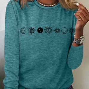 Women's Abstract Sun And Moon Print Casual Top, Long sleeves, Lilicloth.com