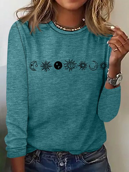 Women's Abstract Sun And Moon Print Casual Top, Long sleeves, Lilicloth.com