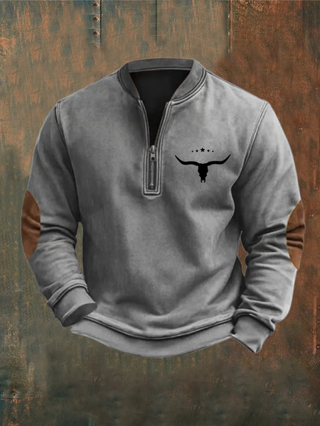 Men's Western Vintage Print Half Collar Sweatshirt, Hoodies&Sweatshirts, Lilicloth.com
