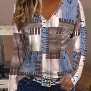 Women's Striped Geometric Casual Print Long Sleeve V-Neck T-Shirt, Long sleeves, Lilicloth.com