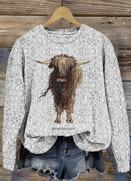 Scottish Highland Bull Round Neck Sweater, Sweaters, Lilicloth.com