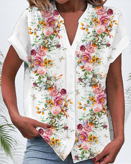 Women's Short Sleeve Shirt Summer White Floral Printing V Neck Daily Going Out Casual Top, Blouses, Lilicloth.com - Image 2
