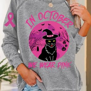 In October We Wear Pink Breast Cancer Halloween Cat Casual Sweatshirt, Hoodies&Sweatshirts, Lilicloth.com
