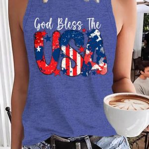 Women's God Bless The USA Letters Casual Tank Top, Tank Tops, Lilicloth.com